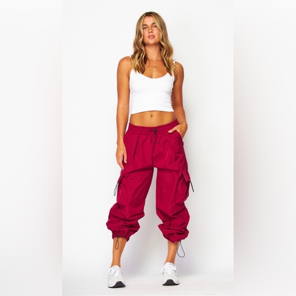 Pants - 264. Parachute Ruched Cargo Jogger Pants in Berry